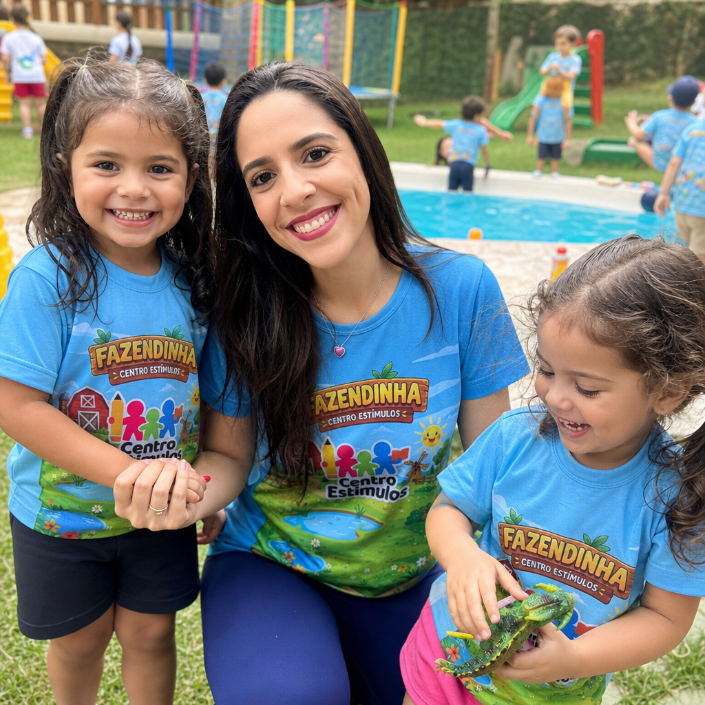 Equipe acolhendo crianças em ambiente moderno