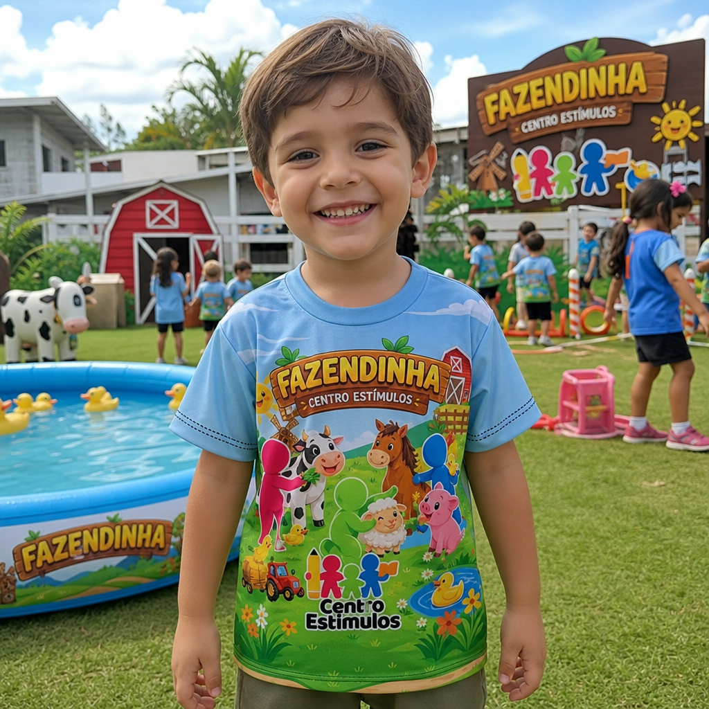 Camiseta oficial da Colônia de Férias temática fazendinha